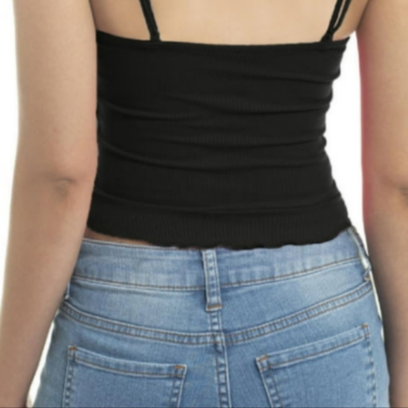 Pac Sun Crop Top Woman‎ L Tunnel Drawstring Front Tie Ribbed Strap Ruffle Hemmed - Picture 2 of 6